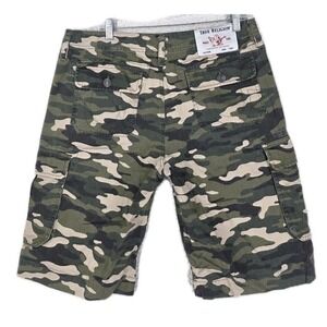 True Religion Cargo Shorts Camo Mens 32 Green Beige Wide Leg Relaxed (34x12.5)